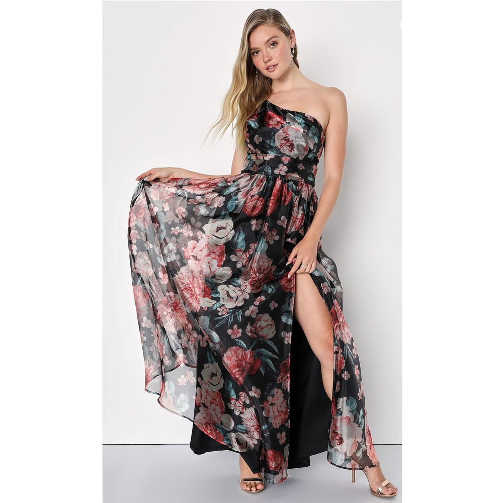 Lulus Bringing the Charm Black Floral Organza One-Shoulder Maxi Dress NWT